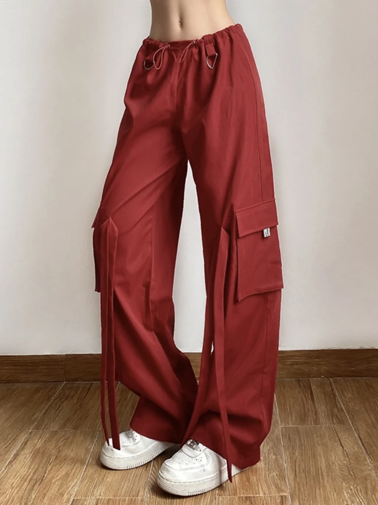 

WeiYao Women Vintage Red High Street Cargo Pants Mid Waist Tether Casual Streetwear Straight Trousers Baggy Pants Ladies Summer