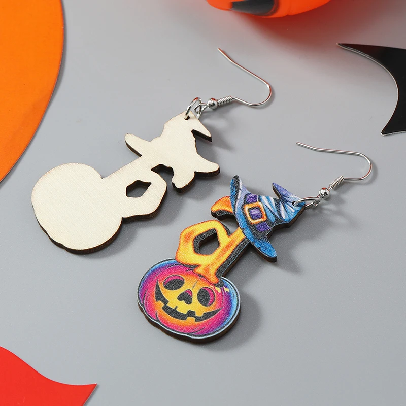 Набор Деревянных Висячих Серег На Хэллоуин-голова Тыквы Шляпа Ведьмы Дизайн