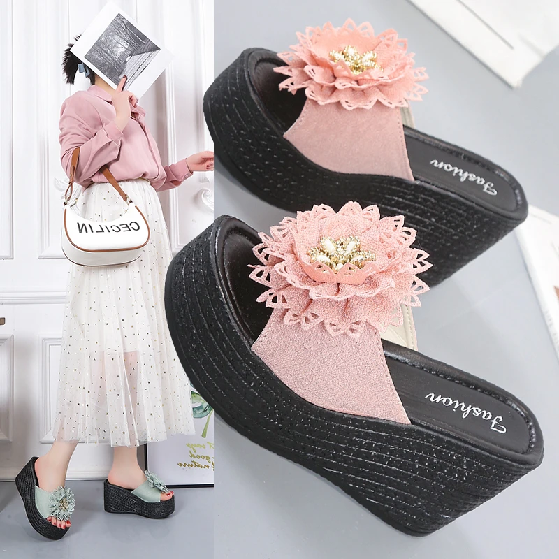 

Шлепанцы женские с цветами, танкетка, летние тапочки на платформе, уличные повседневные сандалии, домашняя обувь