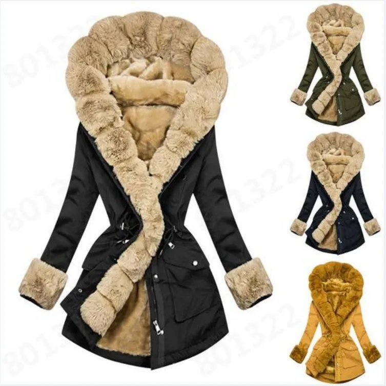 

Autumn and winter women's warm fur collar hooded coat windbreaker coat