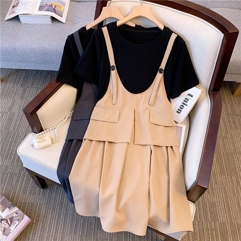 

Женское мини-платье с имитацией двух частей, новое летнее платье с коротким рукавом и круглым вырезом в стиле пэчворк, женская модная одежда, халат, 2022