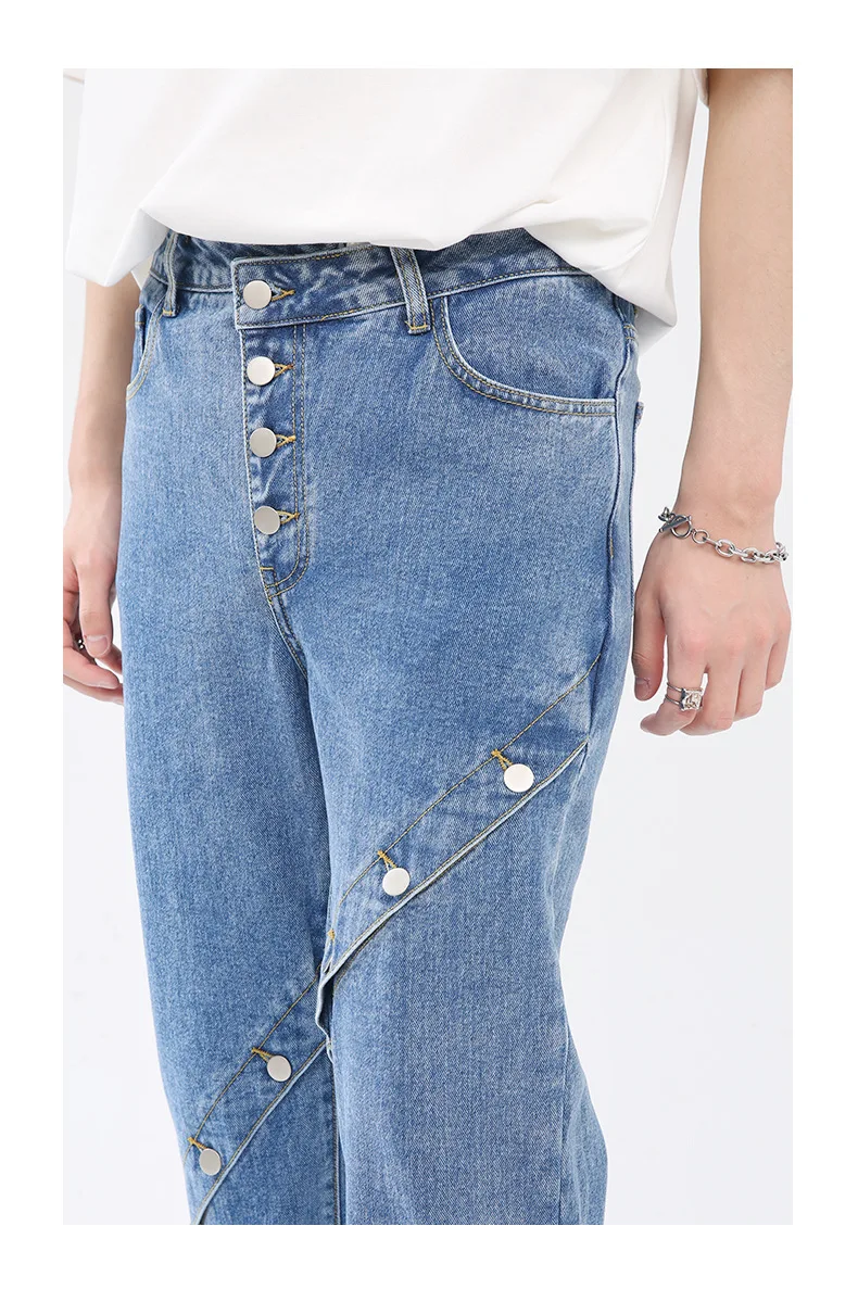 Four Seasons Men's Jeans Metal Button Stitching Design Sense Personality Split Design Jeans Y2k Pants Streetwear Jeans for Men