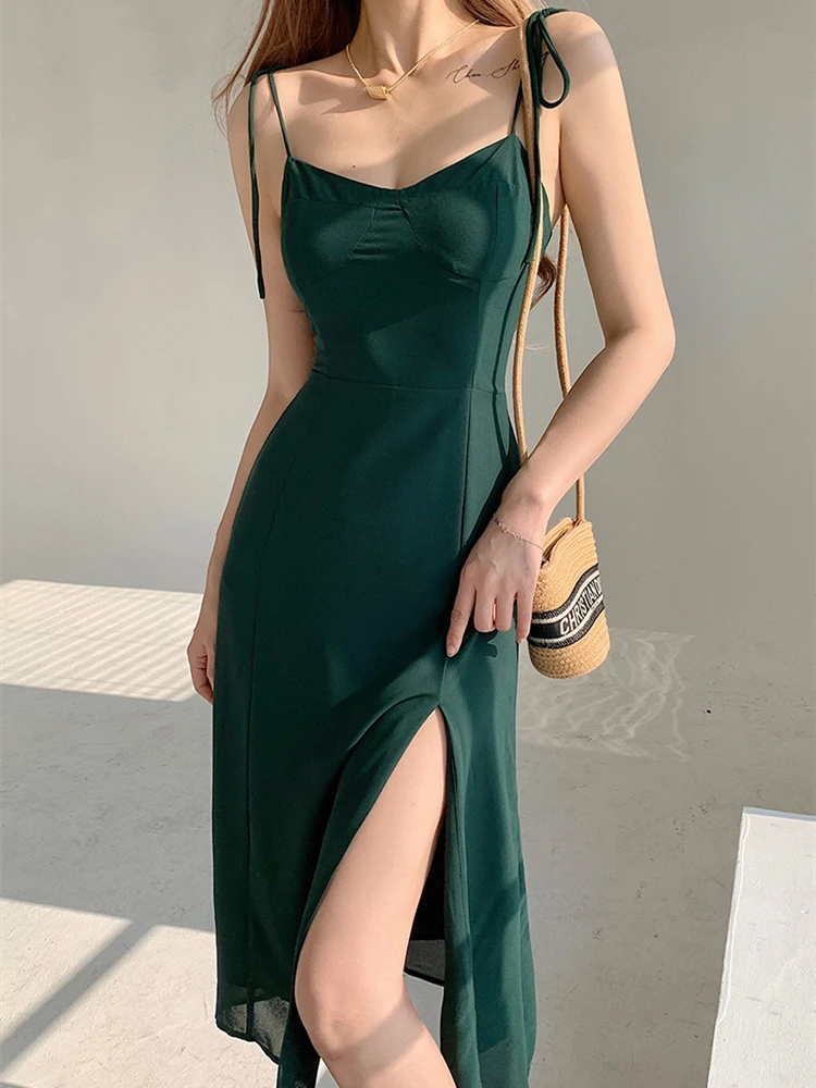

Women Summer Elegant Sleeveless Sexy Midi Dress Female Fashion Backless Split Party Dress Vestdios