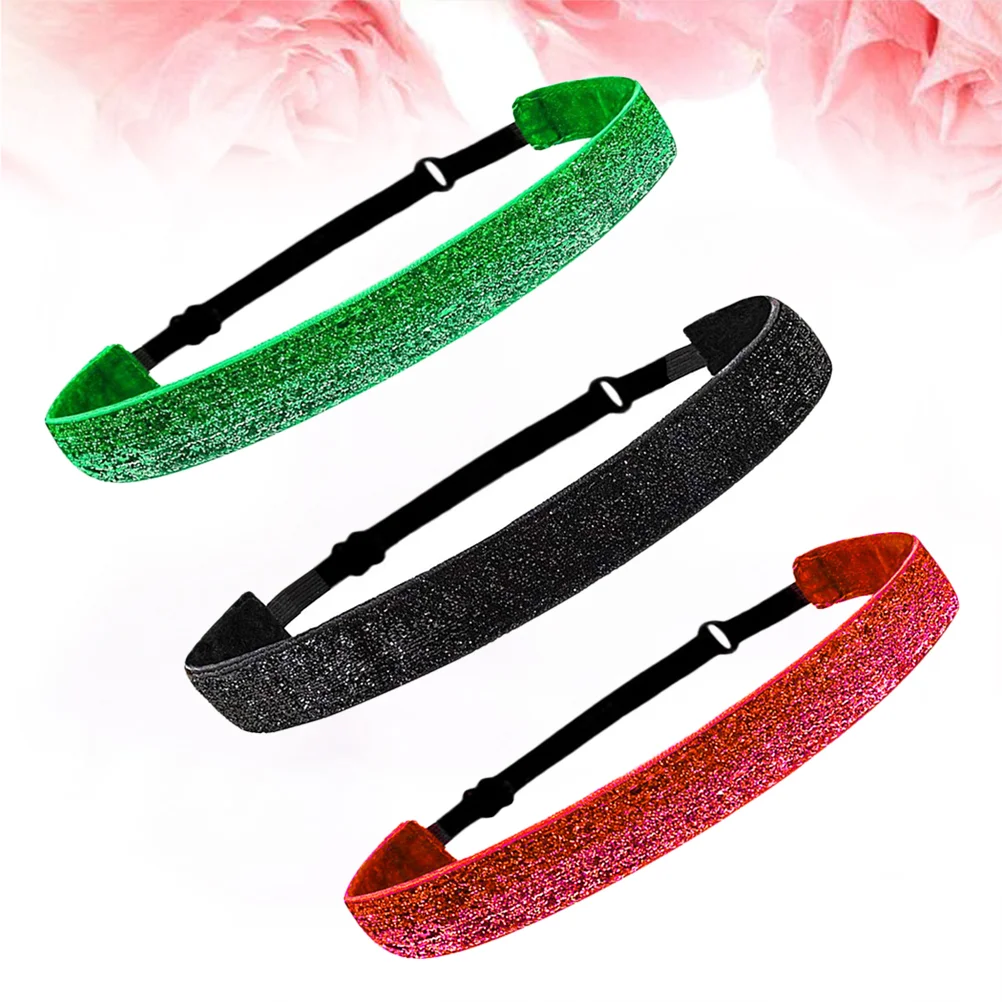 

3pcs Adjustable Glitter Headbands Non Headbands Yoga Headband Sports Band for Woman Girl Lady ( Red Green and Black )