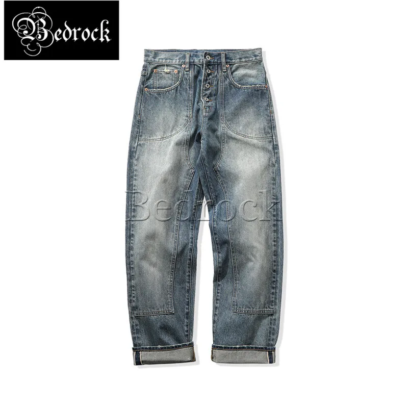 

MBBCAR 14.5oz heavy nostalgic one washed red line denim jeans Amekaji button fly loose straight leg motorcycle riding pants 7273
