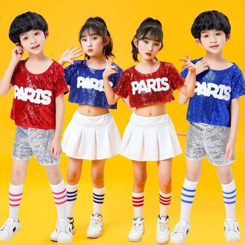 

New children's sequins performance women's open navel cheerleading kindergarten chorus dress jazz modern dance