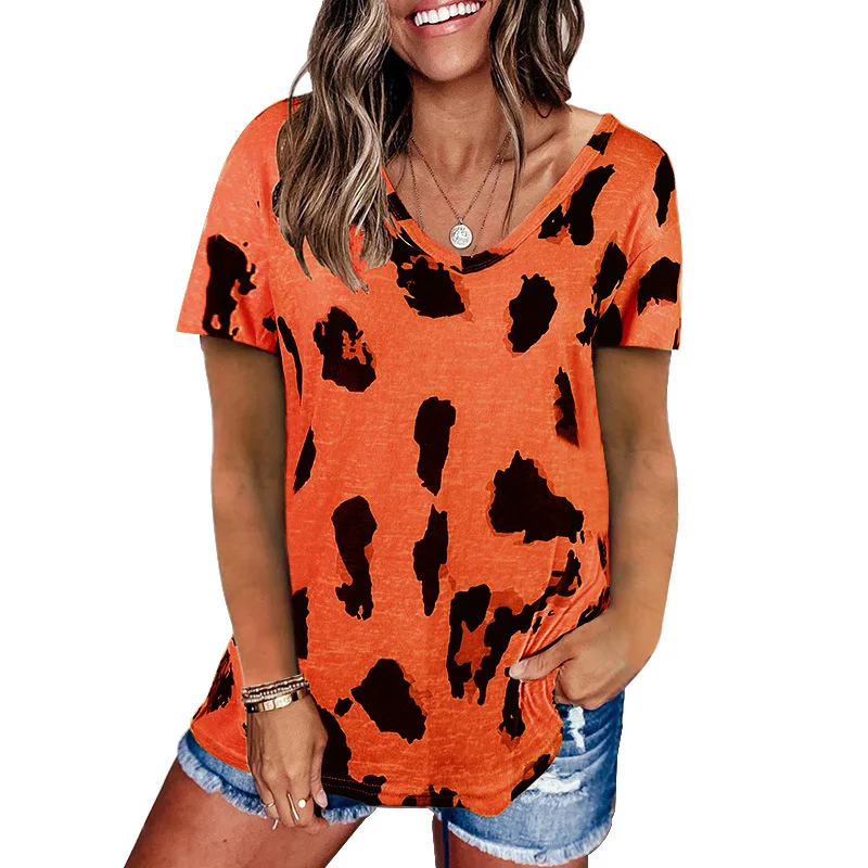 

Summer 2021 New Women's Clothing Leopard Print Loose Tops V Collar Short-sleeved T-shirts Women