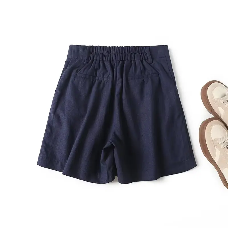 Elmsk England Fashion Indie Folk Linen Bermuda High Wasit Navy Color Casual Straight Shorts Women