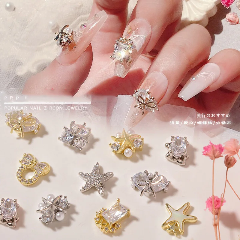 

2PCS nail art zircon diamond starfish bow pearls decoration DIY manicure gems gold silver alloy Luxury diamond jewellery HZ044