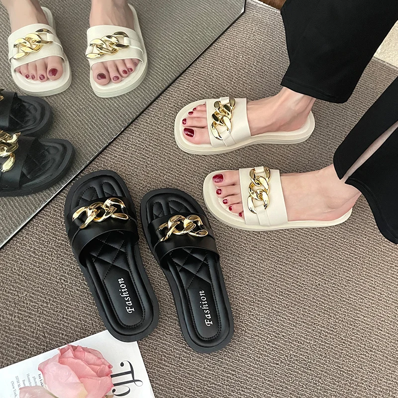 

Flat Shoes Female Ladies' Slippers Slipers Women Low Luxury Slides 2022 Summer Beach Designer Chain Fashion Basic PU Rubber
