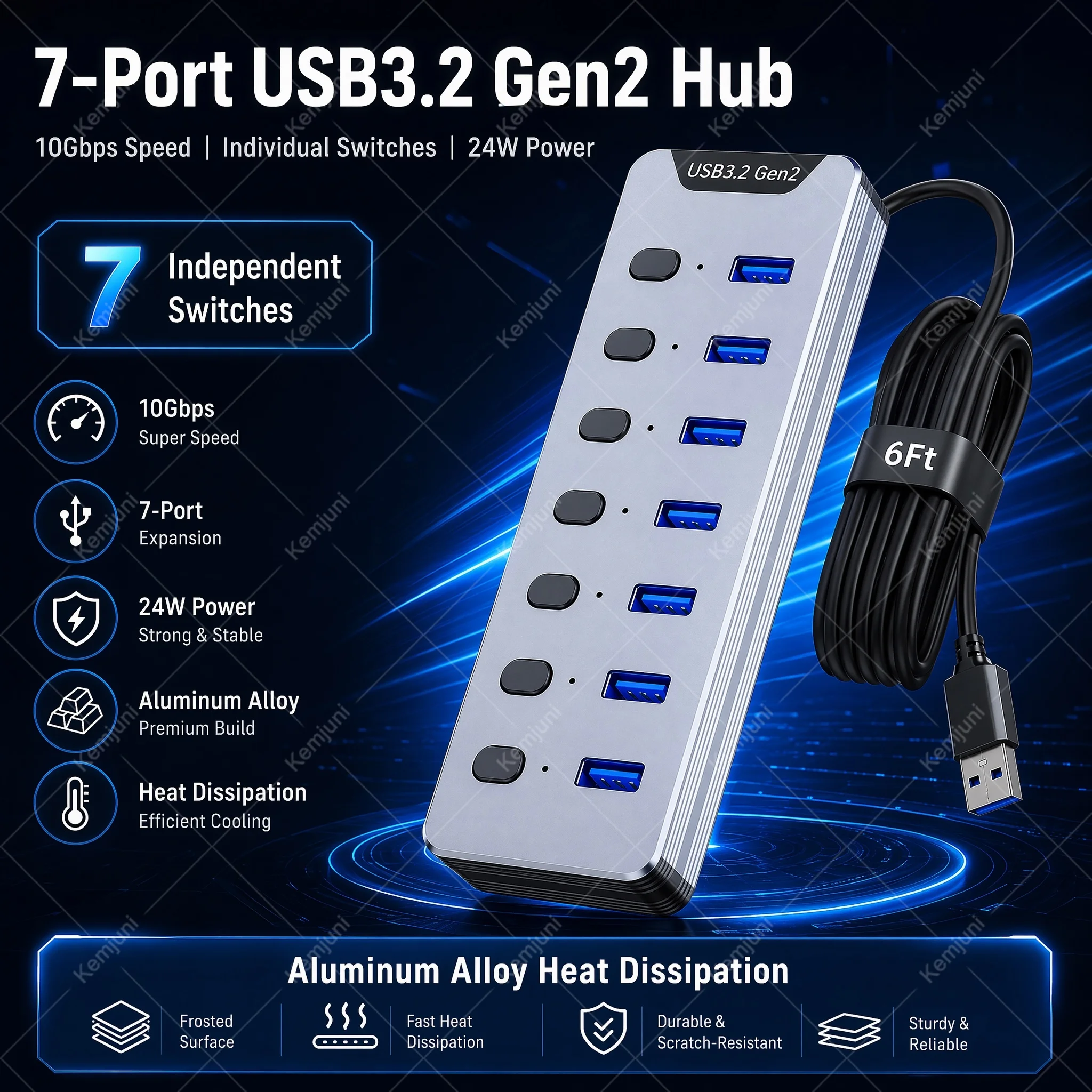 Фото USB-хаб 10 Гбит/с USB 3.2 Gen2, 7 портов, с питанием, алюминиевый корпус, с индивидуальными выключателями, USB-разветвитель для ноутбуков и мобильных жестких дисков №1