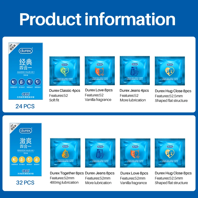 Презервативы Durex из натурального латекса со смазкой 4 типа 56 шт. |