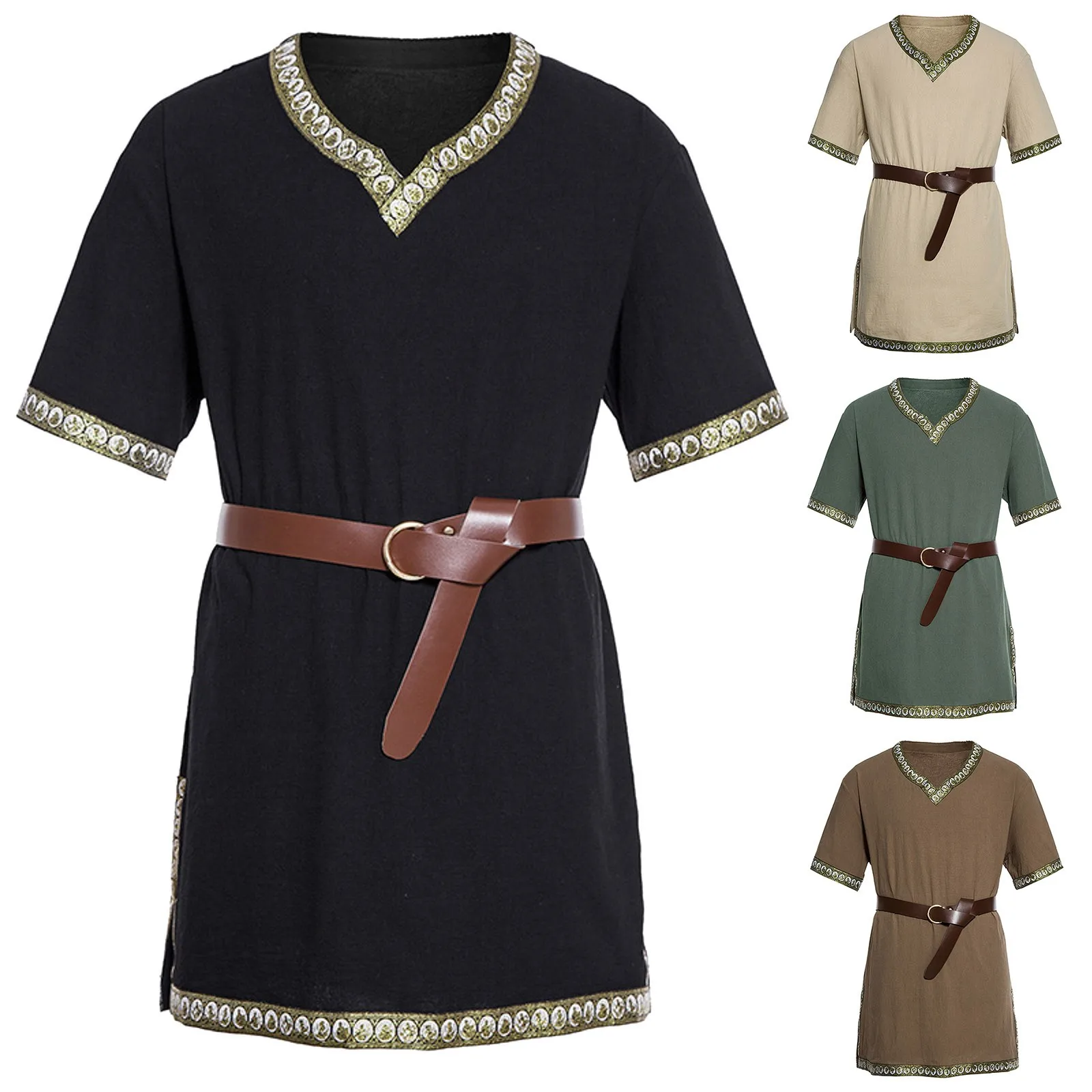 

Adult Men Medieval Knight Warrior Costume Green Tunic Clothing Norman Chevalier Braid Viking Pirate Saxon LARP Top Shirt 2023