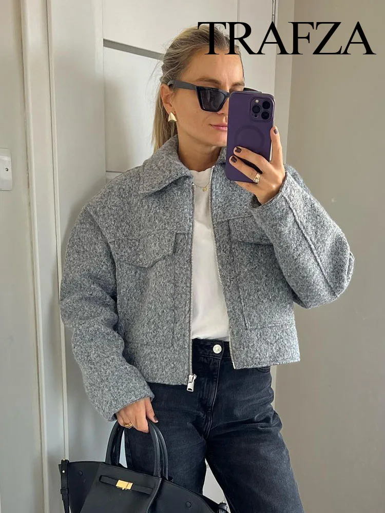 

TRAFZA Autumn Gray Women's Bouclé Short Jacket Coat Long Sleeve Pocket Zipper Polo Collar Jacket Women's Short Top Coat Y2k