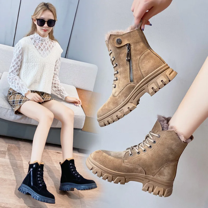 2022 Winter Shoes Women Suede Leather Boots Flat Non-slip Snow Boots Genuine Leather Warm Plush Women Ankle Botas Black New