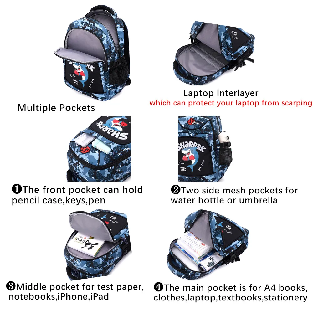 Little Kids Backpacks for Boys Girls Cartoon Shark Camo Print Elementary School Bookbags Kindergarten Backpack Travel Daypacks