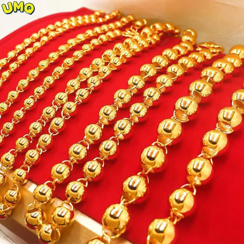 

Copy 100% Real Gold 24k 999 gold Necklace Men's Smooth Round Bead Washable Women's Buddha Chain Shop Same Style Pure 18K Gold Je