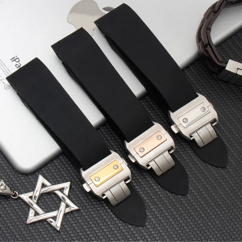 Rubber silicone watch with soft, waterproof and sweat proof for cartier Santos 100 W2020007 men's black 25mm