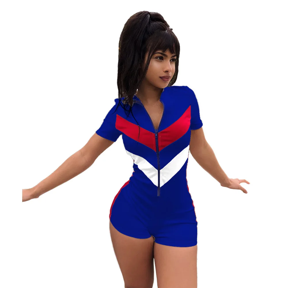 European and American women's summer fashion personality stitching sports one-piece shorts women jumpsuits