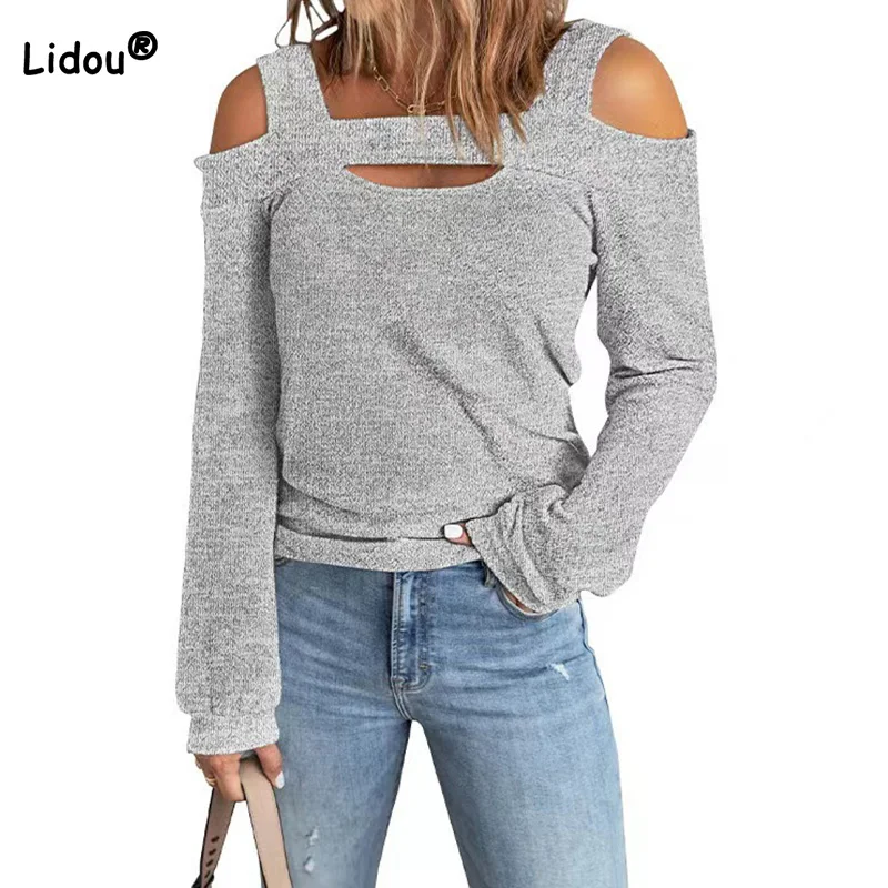 

Women's Top Casual Off Shoulder Solid Color Spring Autumn New Square Collar Hollow Out Loose Backless Long Sleeve Grey T-Shirt