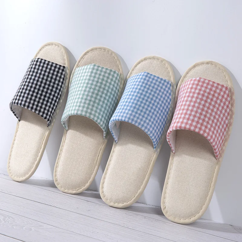 

Home Guest Slippers Flax Flip Flop Hotel Slippers Shoes Loafer Wedding Shoes Non-slip Four Seasons Lattice Linen Indoor Slippers