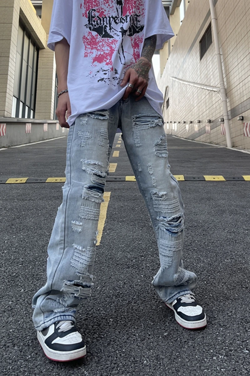 Ripped Hole Retro Washed Mens Jeans Streetwear Distressed Casual Baggy Denim Trousers Harajuku Straight Vibe Style Loose Pants