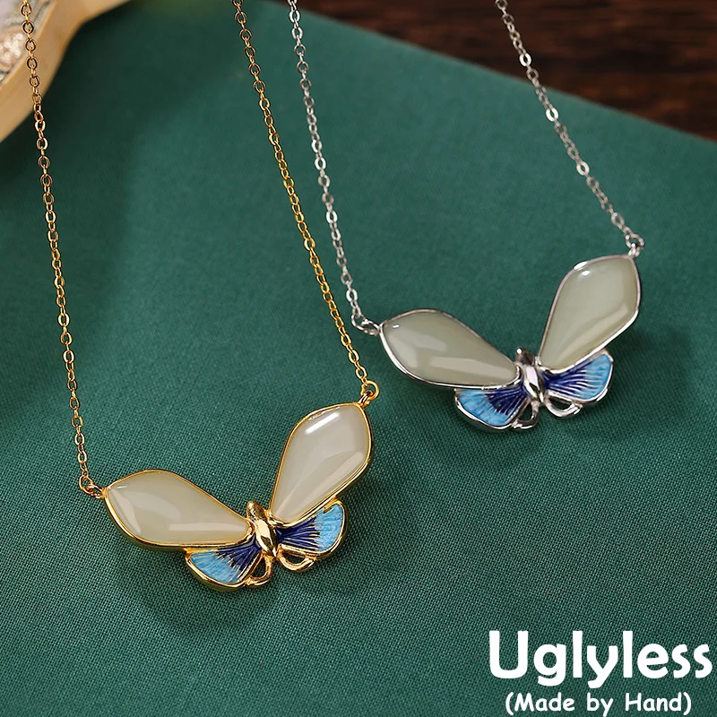 

Uglyless Ethnic Butterfly Chokers Necklaces for Women Hotan Jade Insects Butterflies Pendants Necklaces 925 Silver Bijoux +Chain