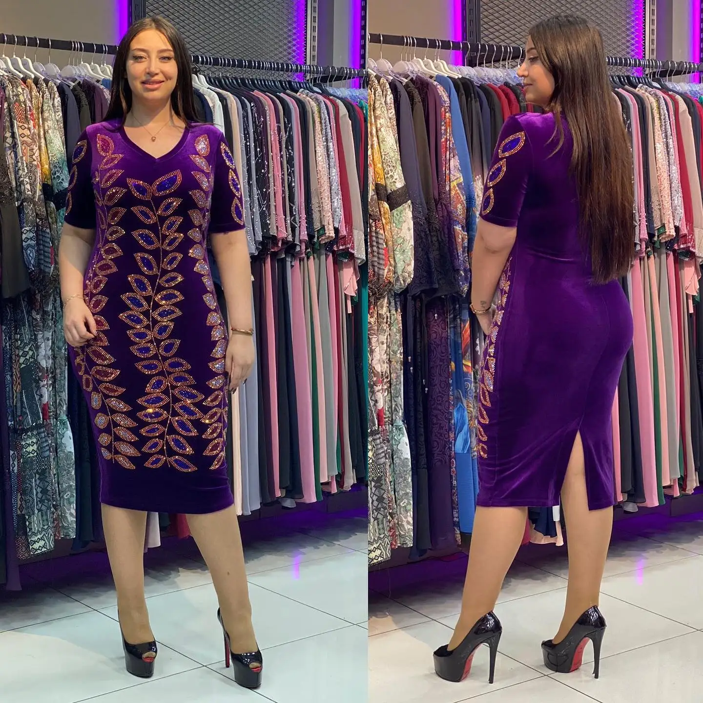 

платье женское выходное платье для мусульманок мусульманские платья Дубай фиолетовый лист узор Стразы средней длины платье марокканский кафтан модное тонкое платье мусульманская женская одежда на день рождения