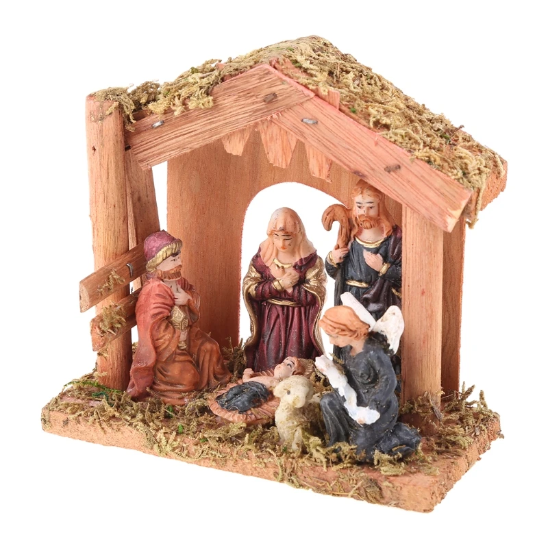 

Nativity Scene Statue Figurine with Moss House Christmas Gift Resin Sculpture