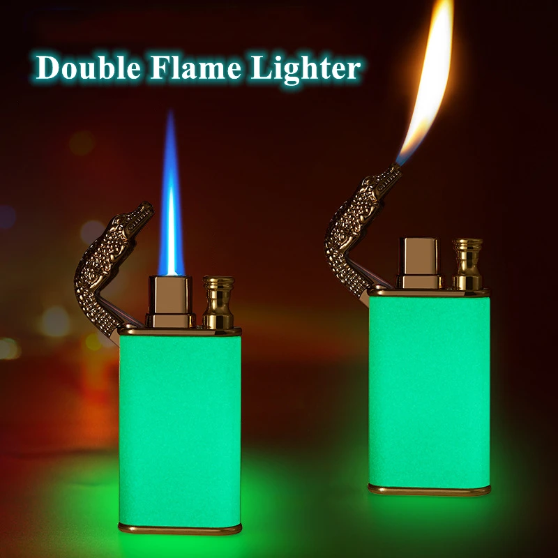 

Creative Luminous Crocodile Double Flame Lighter Jet Windproof Inflatable Lighter Novelty Men Cigar Cigarette Lighter Small Gift