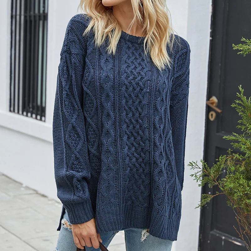 

2021 New Fashion Whinter Casual Loose Pullover Knitted Sweater Women Autumn and Winter Women's Cable Slit Crew Neck Sweater Top