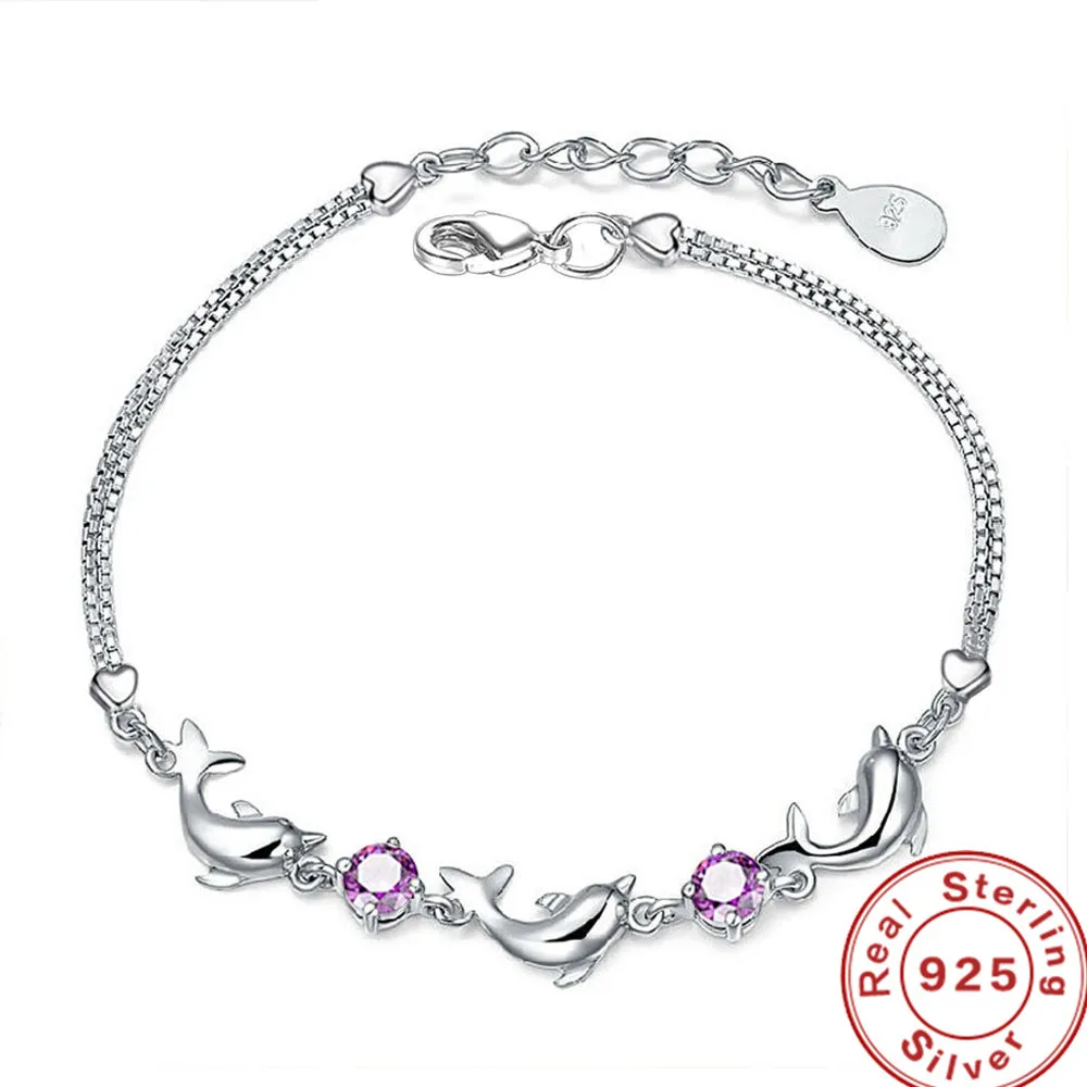 

925 Sterling Silver Bracelet Small Dolphin Amethyst Bracelet Woman Engagement Wedding Jewelry Gift