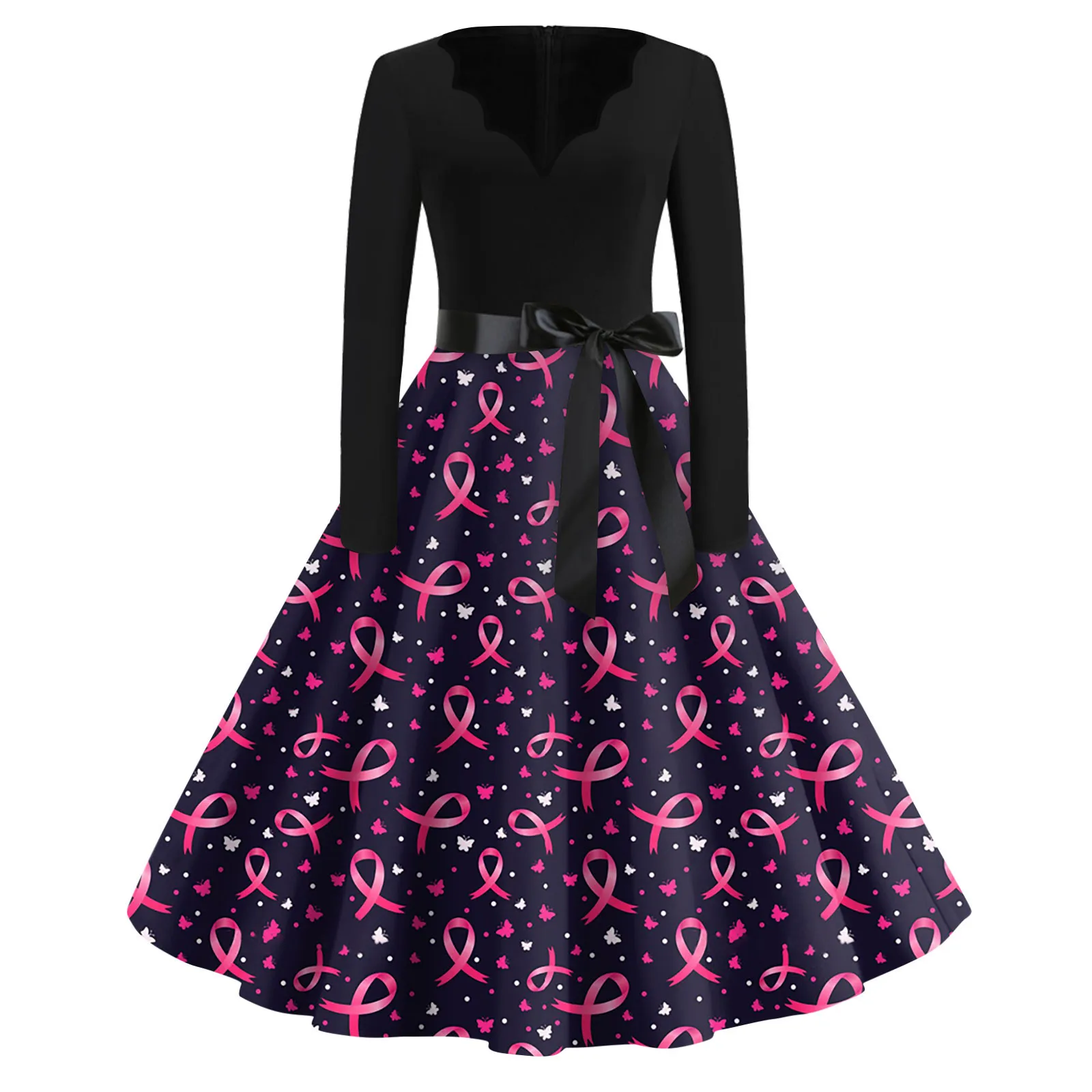 Женское модное винтажное платье с V-образным вырезом и длинным рукавом