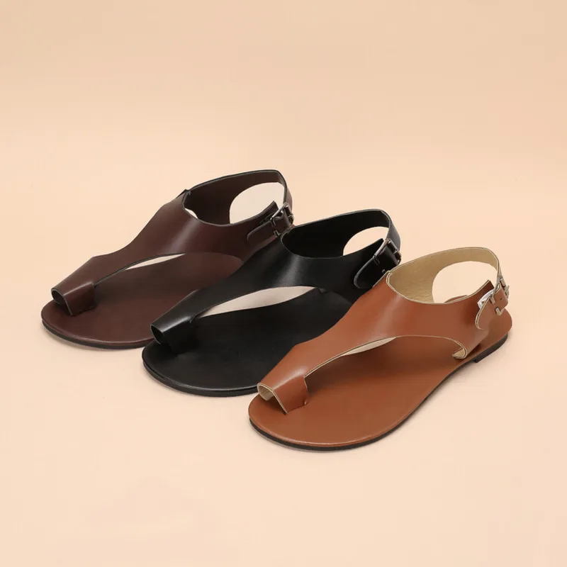 

Women Set Toe Flat Sandals 2022 Summer New Style Solid Color Female Shoes Retro Square Buckle Simple Metal Pu Flat Slippers