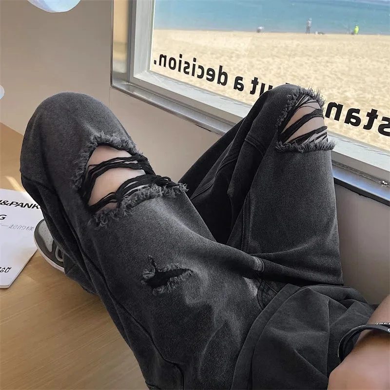 Vintage Streetwear  Dark Gray Ripped Jeans For Man High Street Hip-Hop Design High Waist Loose Straight Wide Leg Jeans Unisex