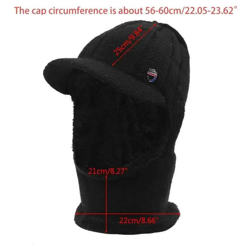 Практичная Мужская Зимняя Шапка-бини с козырьком и ушами шарфом вязаная плюшевая