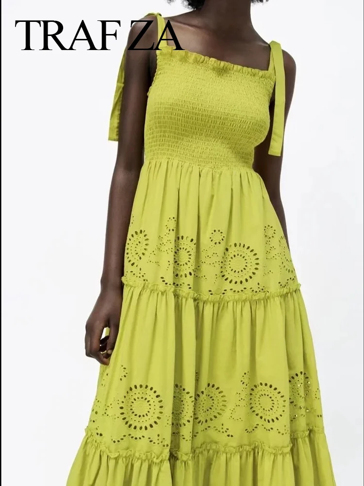 

TRAF ZA Solid Color Avocado Green Suspender Bow Dress Elastic A-line Stitching Hollow Pattern Sexy Large Skirt Elegant Women