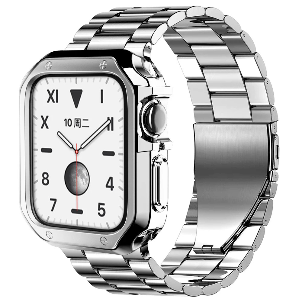 Ремешок и чехол из нержавеющей стали для apple watch люксовый металлический браслет