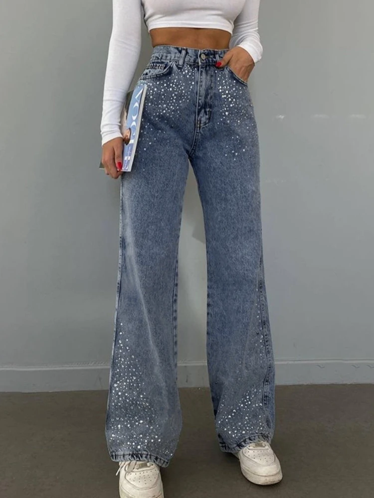 

WeiYao Blue High Waist Casual Jeans Diamond Stitch Washed Vintage Y2K Streetwear Korean Fashion Straight Leg Women Denim Pants
