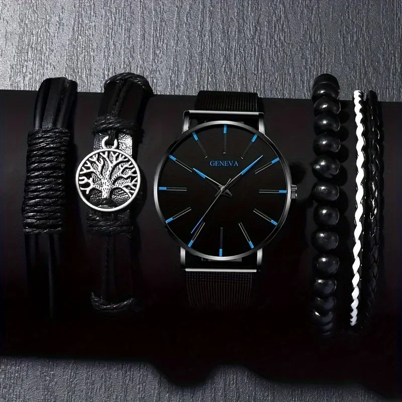 5 шт./комплект мужские кварцевые часы и браслет из нержавеющей стали