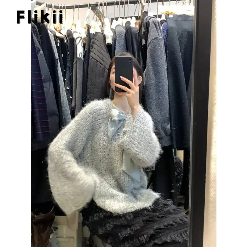 Милые вязаные повседневные пуловеры с длинными рукавами и бантом зима 2024 женские