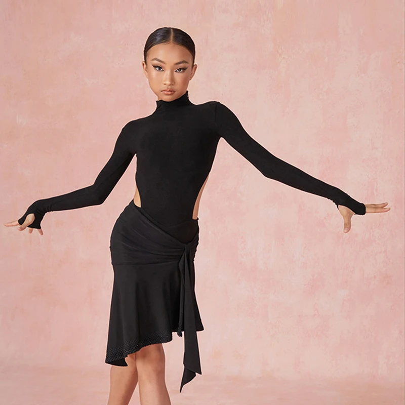 Костюм для латинских танцев девочек топы с высоким воротником и длинными
