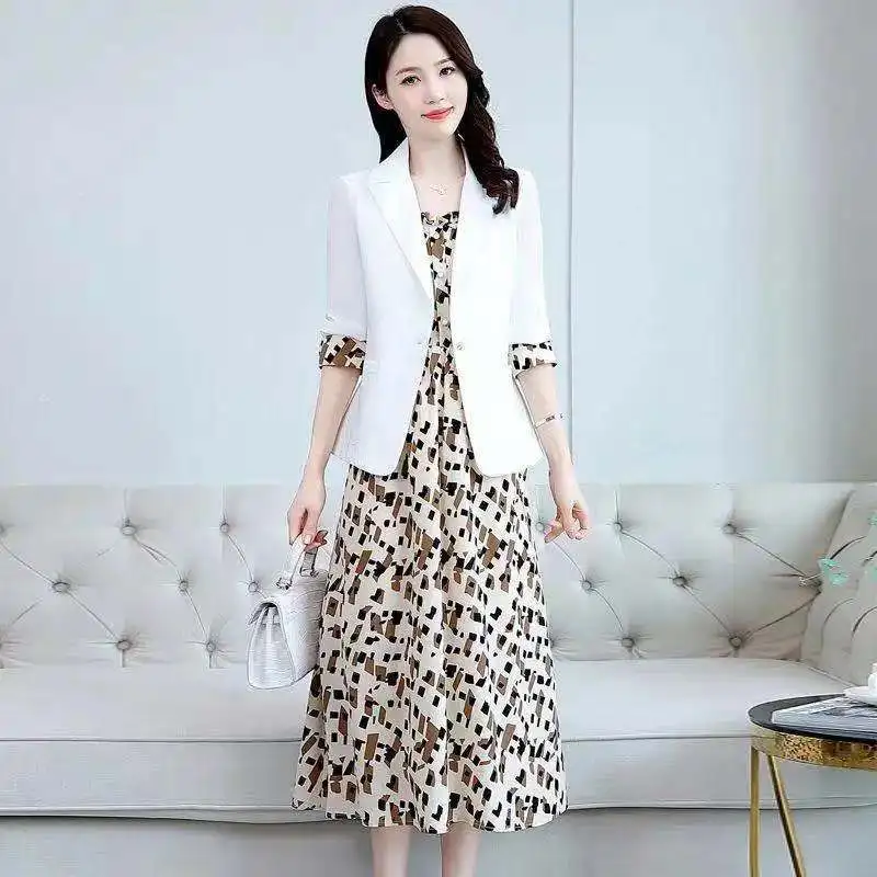 Women's Fashion Suit Set 2022 Fall New Casual Blazers Jacket Dress Two Piece Korean Elegant Vintage Floral Sling Midi Skirt Suit