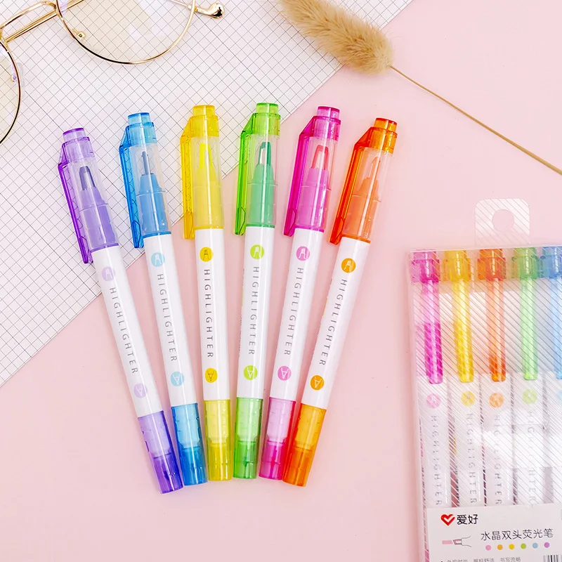 

6 Colors/box Double Headed Highlighter Pen Set Fluorescent Markers Highlighters Pens Art Marker Japanese Cute Kawaii Stationery