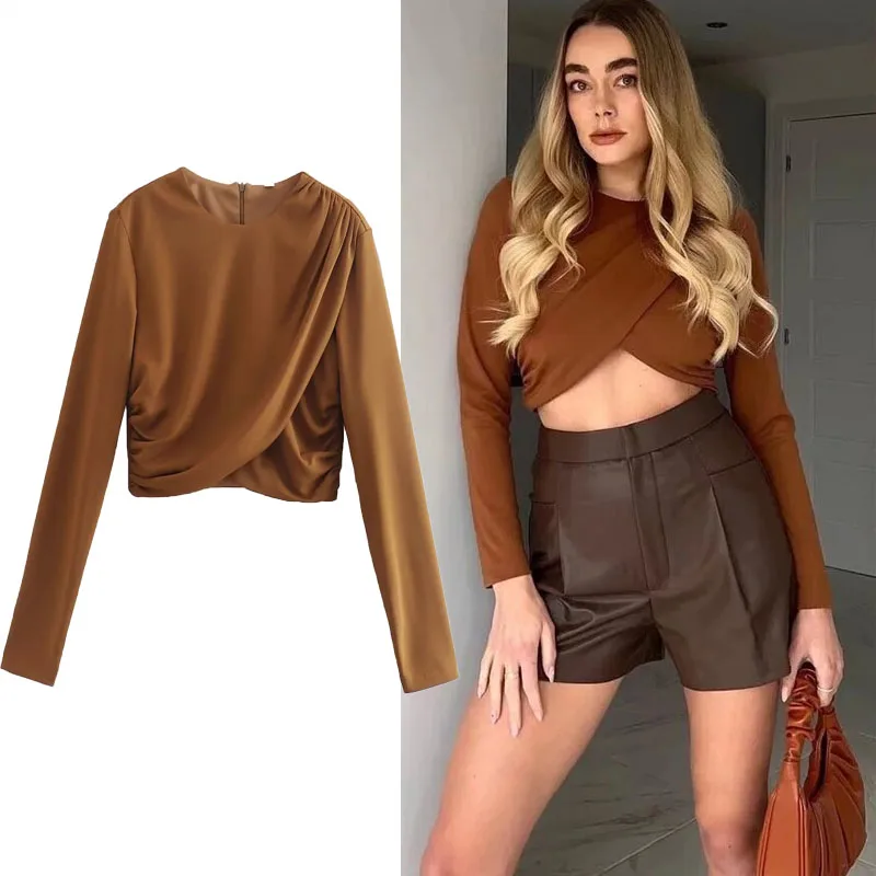 

TRAF Woman's Cropped Ruched Tops Vintage Round Neck Long Sleeves Slim Blouse 2024 Spring Autumn Elegant Women's Short Casual Top