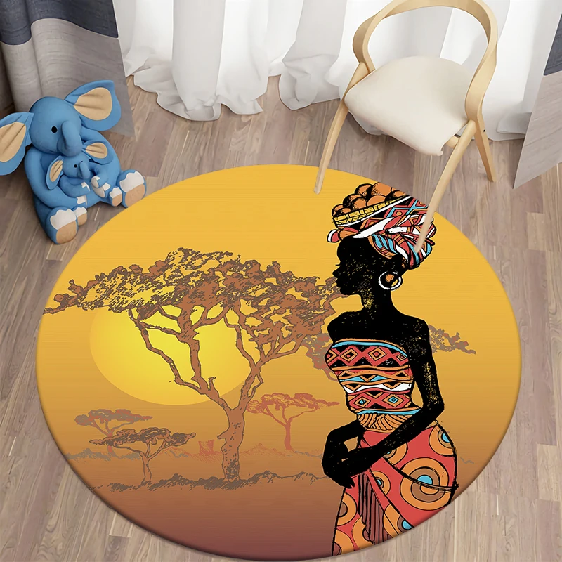 African Themed Printed Round Carpet for Living Room Rugs Camping Picnic Mats Flannel Anti-Slip Rug Yoga Mat Stranger Things Gift