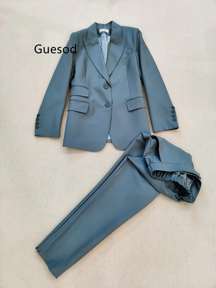 

Женский шерстяной Шелковый комплект, высококачественный костюм из блейзера и брюк, Осень-зима, модный синий зеленый Новый