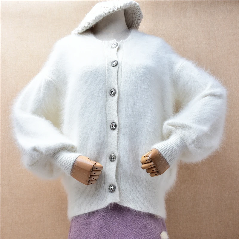 

Female Women Fall Winter Clothing Thick Warm Hairy Mink Cashmere Knitted Long Lantern Sleeves Loose Cardigans Jacket Sweater Top