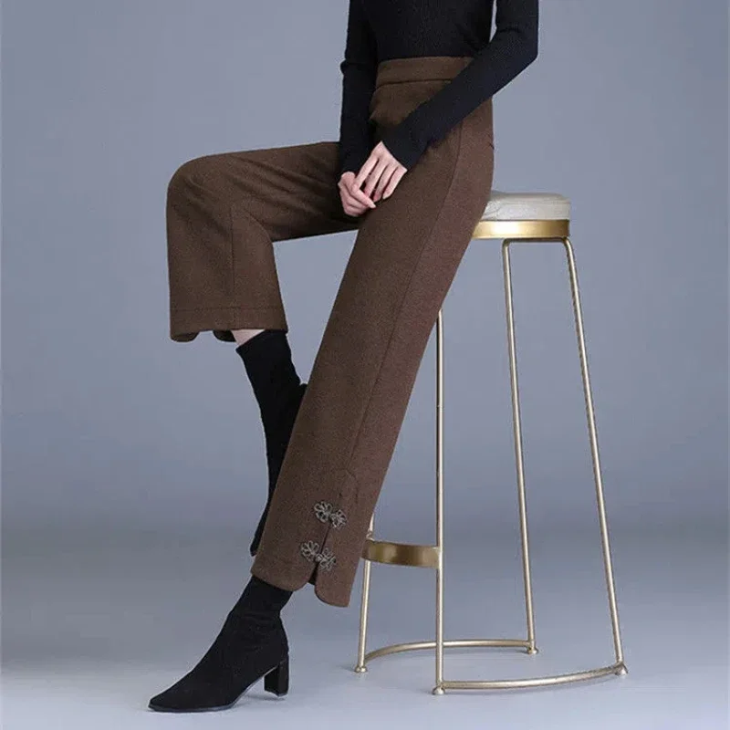 Модные осенне-зимние шерстяные брюки женские Однотонные эластичные прямые в