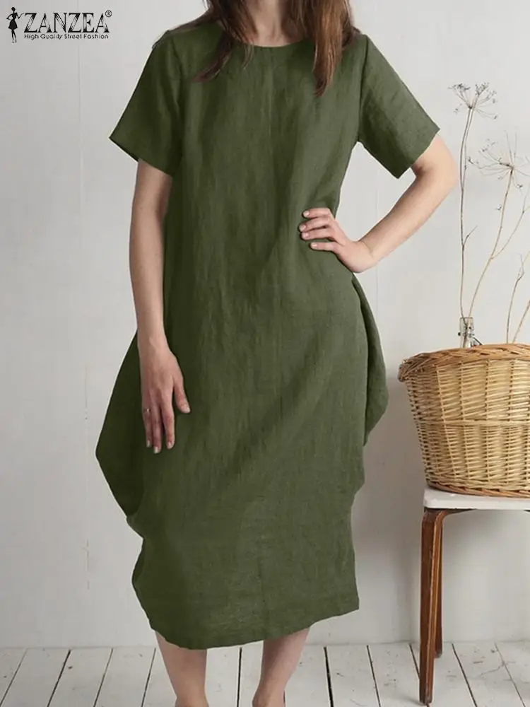 

Elegant 2022 ZANZEA Summer Solid Dress Women Sundress Short Sleeve Mid-Calf Vestidos Female O Neck Casual Robe Femme Oversized